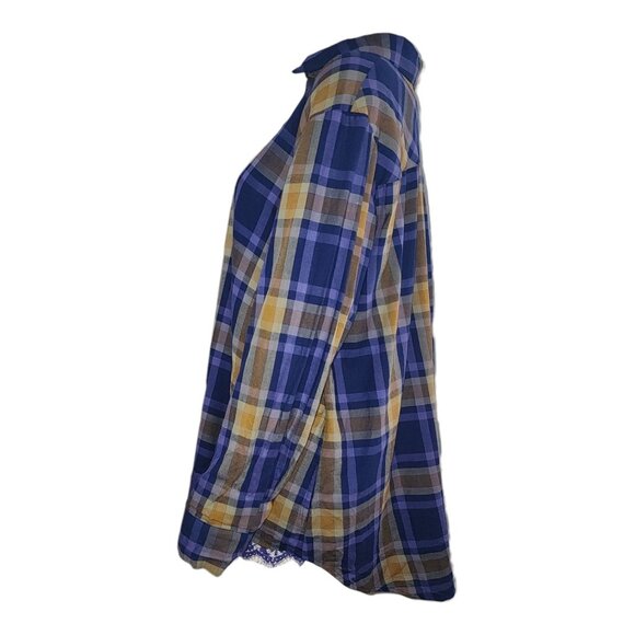 Logo by Lori Goldstein Shirt Womens Size L Large Blue Plaid Lace Detail Button - Picture 2 of 8